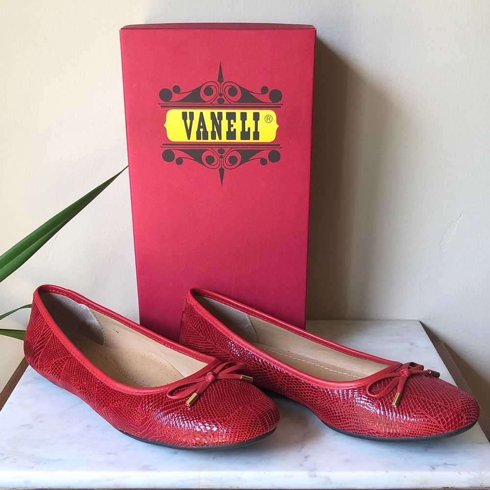 Vaneli Red Metallic Embossed Leather Ballet Flats